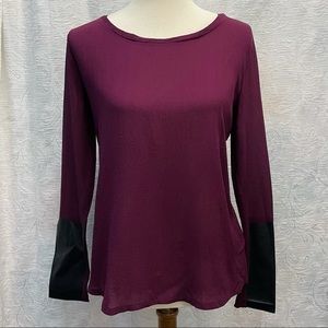 Club Monaco 100% Silk Crepe Blouse w Leather Trim